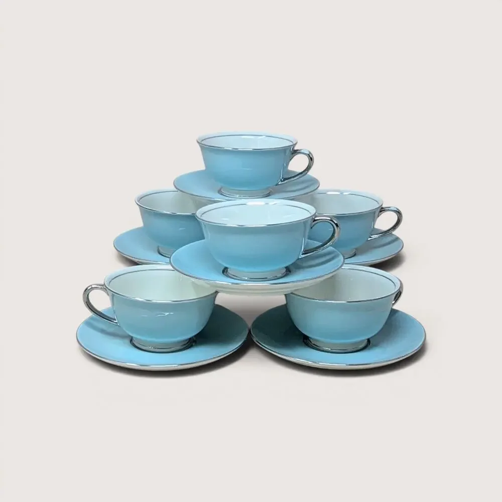 1962 Nancy Prentiss Blue Twilight Fine China Tea Cup and Saucer Set of 6